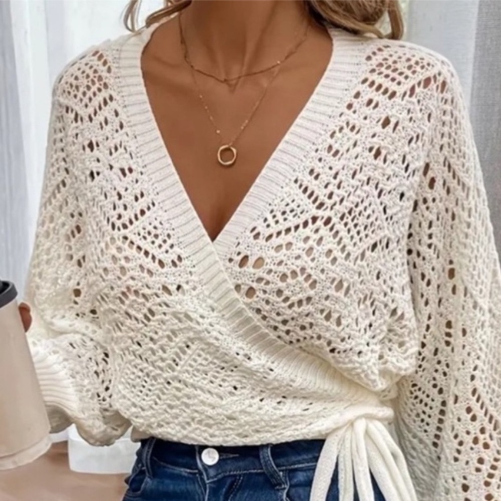 Off White or Milky White Knit Semi Sheer Wrap Sweater - Decorative Side Tie - Picture 3 of 13